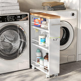 LITTLE TREE 4 Tier Rolling Cart with Wheels, 6.3 Inch Slim Storage Cart, Wooden Snack Cart with Narrow Shelf, White Laundry Room and Bathroom Organizer Shelves LITTLE TREE