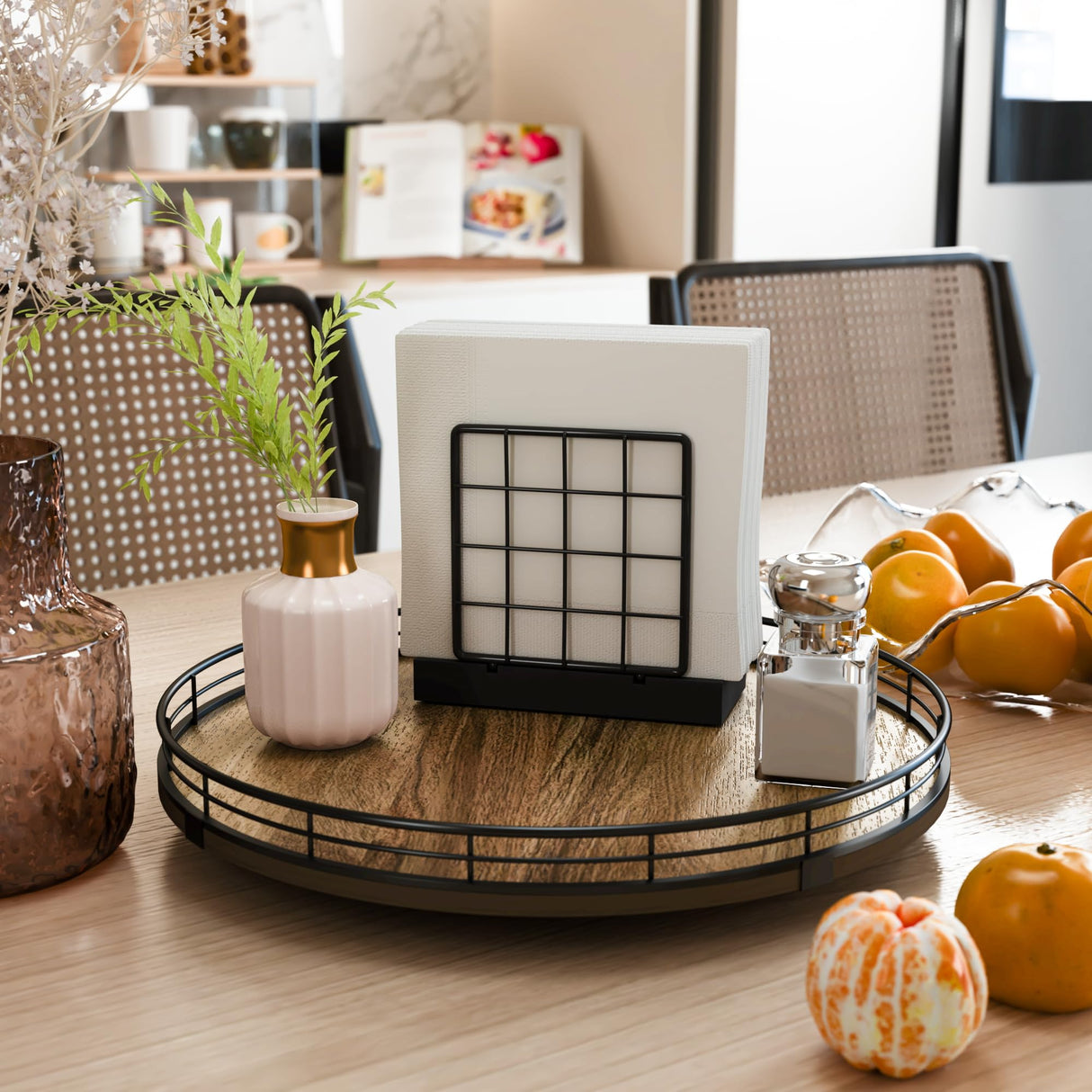 Acacia Wood 13" Lazy Susan Turntable Organizer for Table Top, Farmhouse Round Wooden Lazy Susan for Cabinet Kitchen Centerpieces Coffee Table, for Condiments Spices, Bathroom Vanity Tray Decor HGF