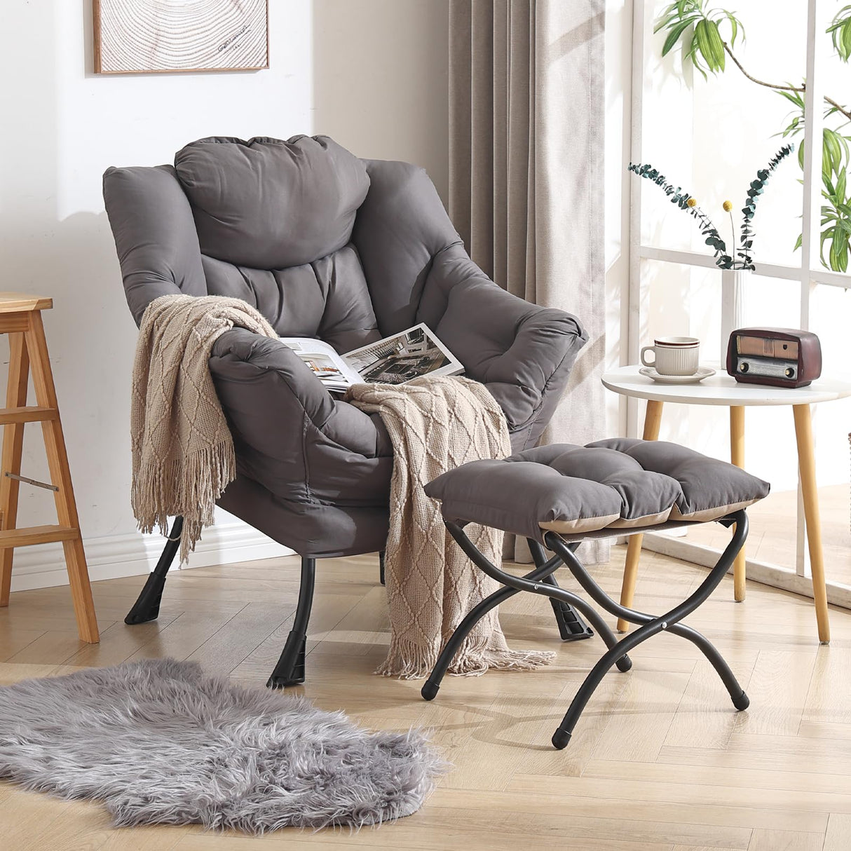 Welnow Lazy Chair with Ottoman, Modern Lounge Accent Chair with Armrests and a Side Pocket, Leisure Upholstered Sofa Chair Reading Chair with Footrest for Small Space, Corner Chair, Dark Grey Welnow