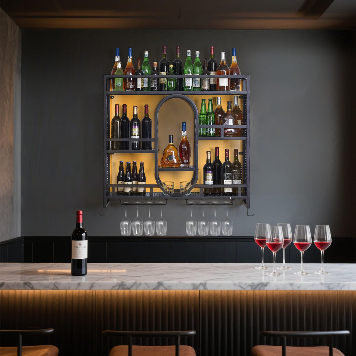 39in Wine Rack Wall Mounted with Led Light, 3-Tiers Black Bar Shelf Wall Mounted, Liquor Bottle Display Shelf, Wall Wine Rack for Kitchen Bar Dining Rooms Decoration BGGFNZ