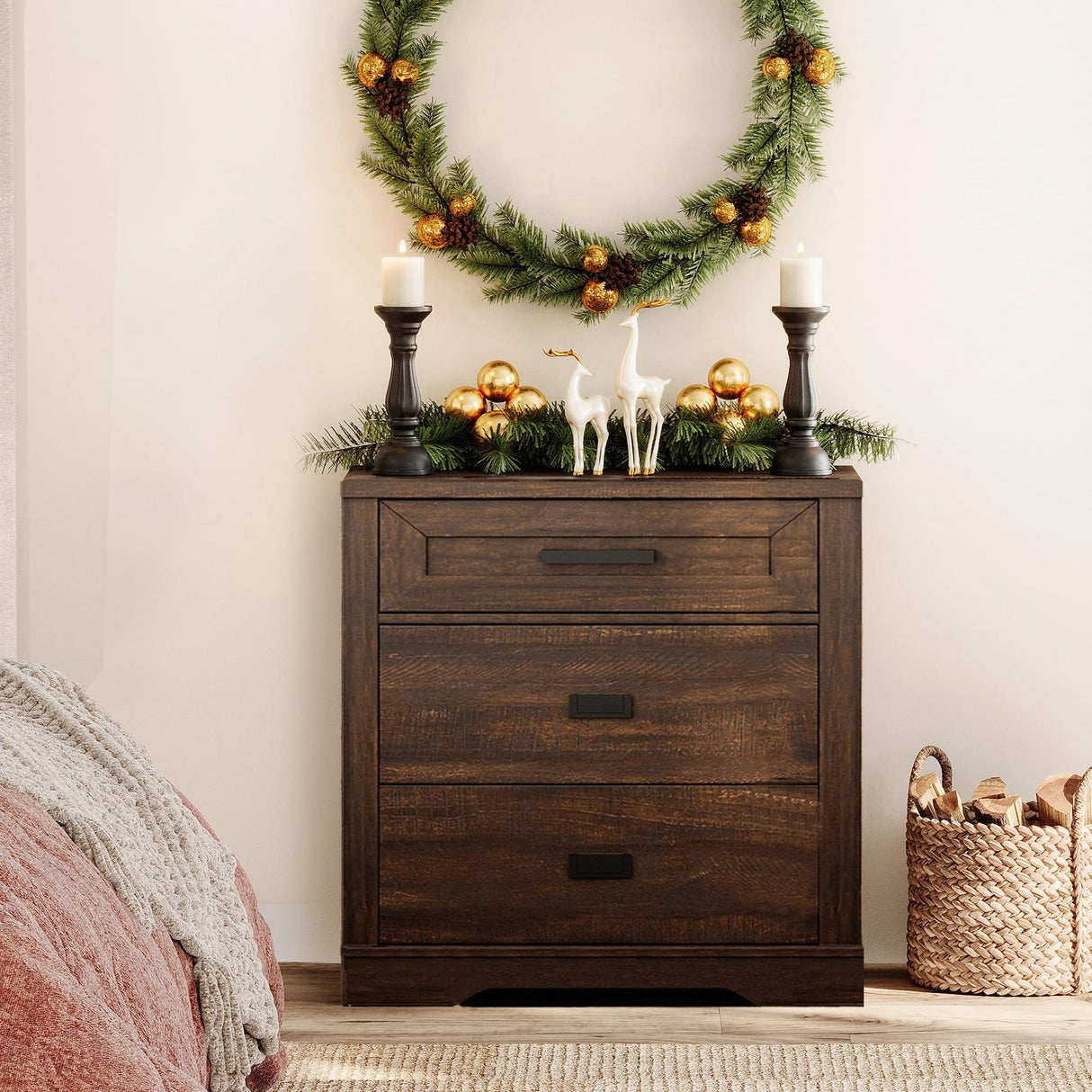 WAMPAT Rustic Wood 3-Drawer Dresser,32-inch Tall Farmhouse Bedroom Chest of Drawers with Smooth Glide, 31.5-inch Wide Storage Cabinet with Drawers, Rustic Brown WAMPAT