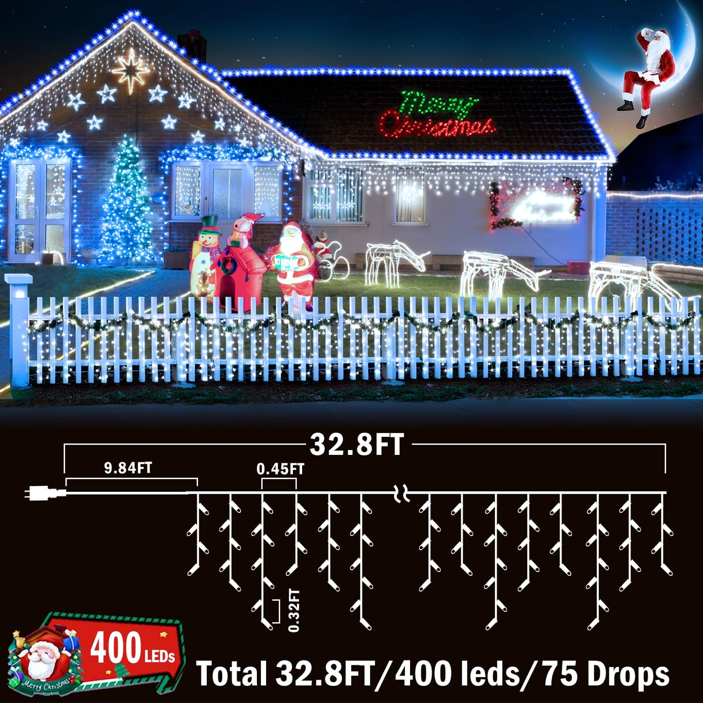 KNONEW Christmas Lights Outdoor Decorations 400 LED 33ft 8 Modes Curtain Fairy String Light with 75 Drops, Clear Wire LED String Light Decor for Wedding Party Holiday Christmas Decorations Cool White