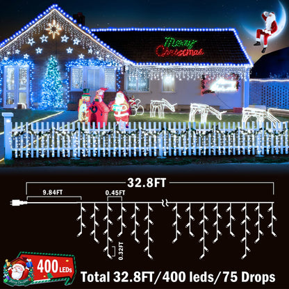 KNONEW Christmas Lights Outdoor Decorations 400 LED 33ft 8 Modes Curtain Fairy String Light with 75 Drops, Clear Wire LED String Light Decor for Wedding Party Holiday Christmas Decorations Cool White