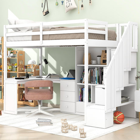 SOFTSEA White Twin Loft Bed with Desk, Stairs, and Storage for Kids and Teens SOFTSEA