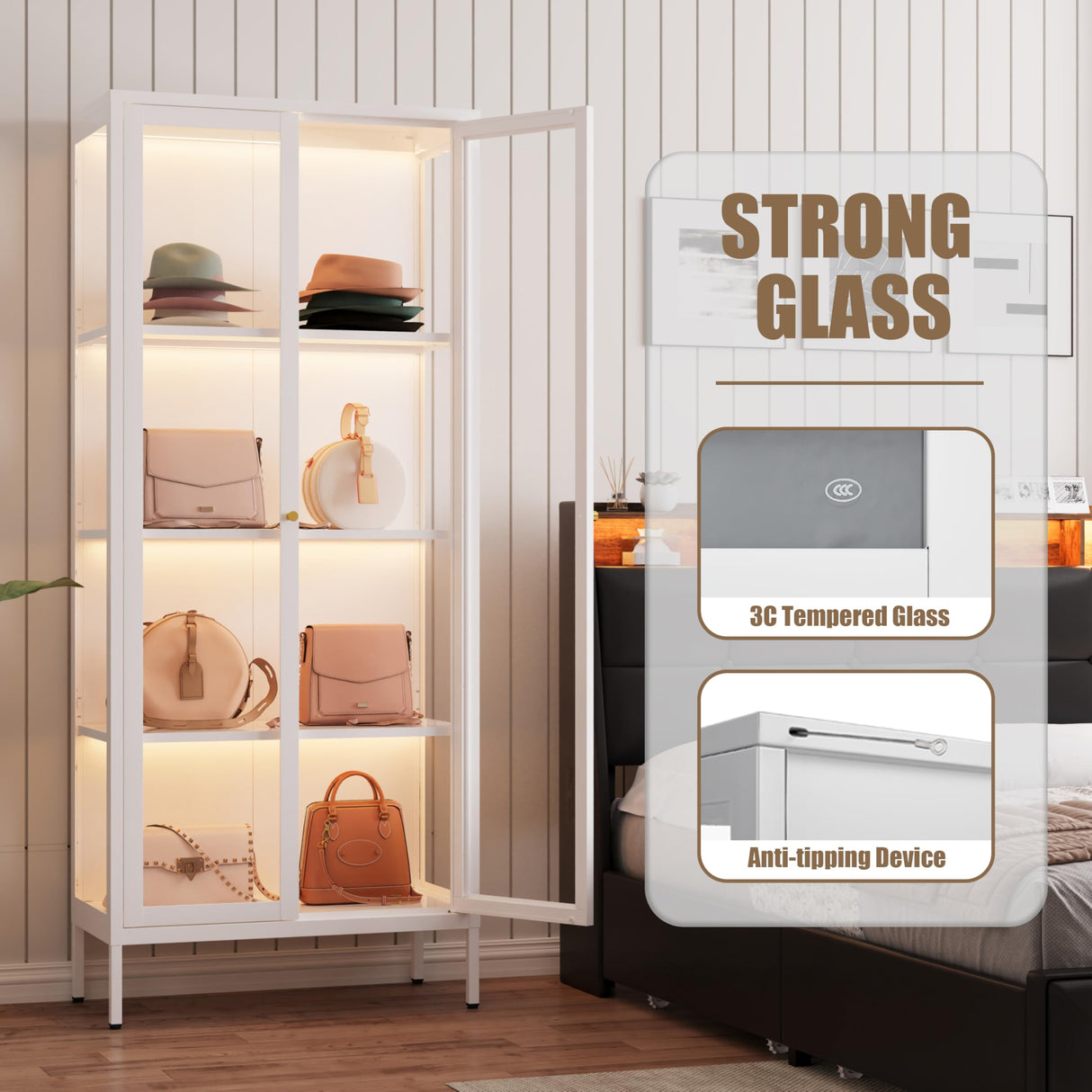 Glass Display Cabinet with LED Lights, White Curio Glass Showcase, 66" Tall Metal Storage Cabinet with Doors and Adjustable Shelves, 3 Color Lighted Display Case for Living Room, Hallway, Pantry MetalMax