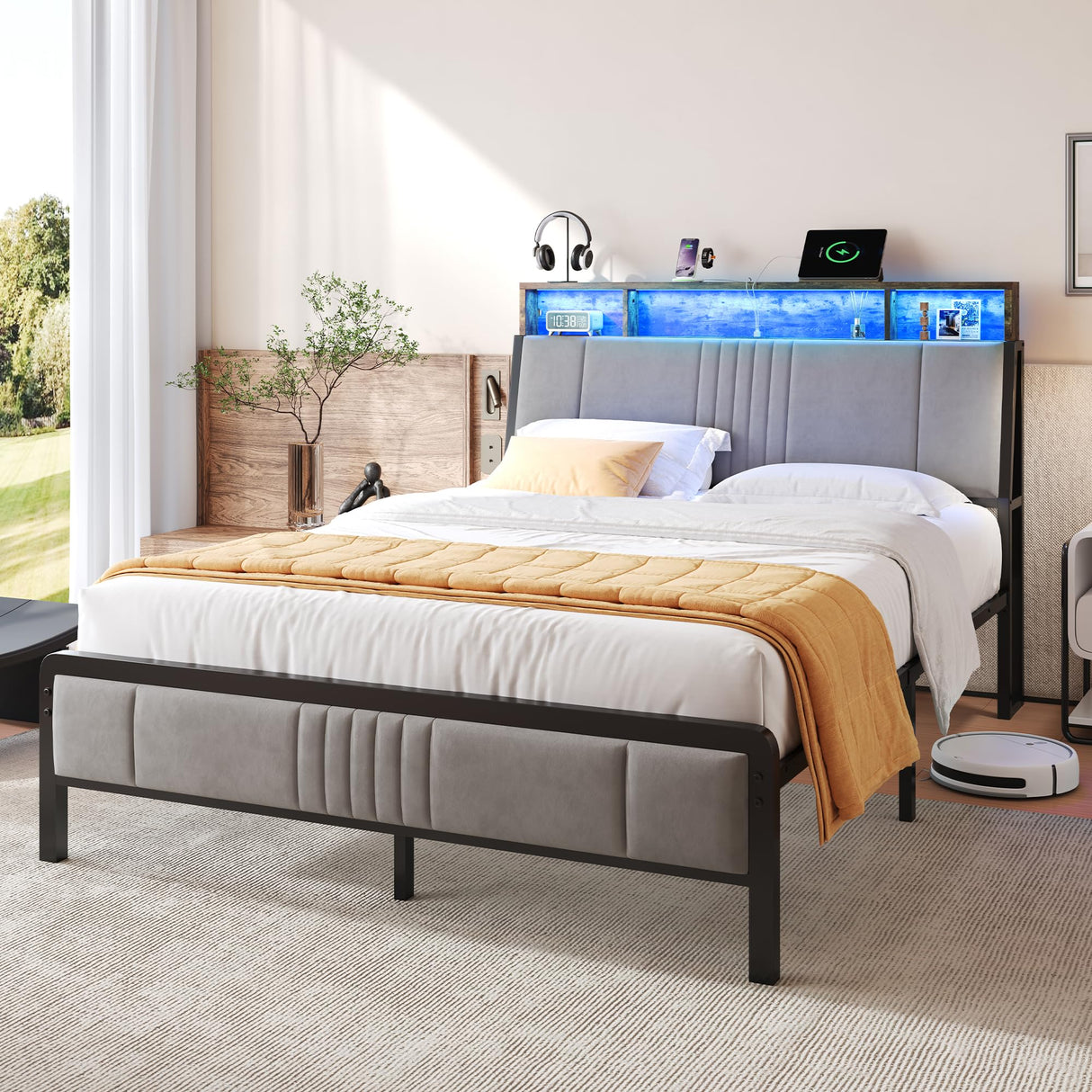 Queen Size Bed Frame with Ergonomic Storage Headboard, Solid Metal Platform Bed Frame with Charging Station and LED Light, Easy Assembly, No Box Spring Needed, Noise Free, Modern Grey Susalt