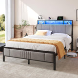 Queen Size Bed Frame with Ergonomic Storage Headboard, Solid Metal Platform Bed Frame with Charging Station and LED Light, Easy Assembly, No Box Spring Needed, Noise Free, Modern Grey Susalt