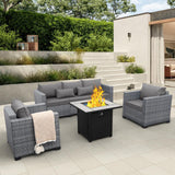 Lviden 4 Piece Wicker Patio Furniture Sets Outdoor Conversation Set PE Rattan Sectional Sofa Couch with Fire Pit Table and Grey Cushions Lviden