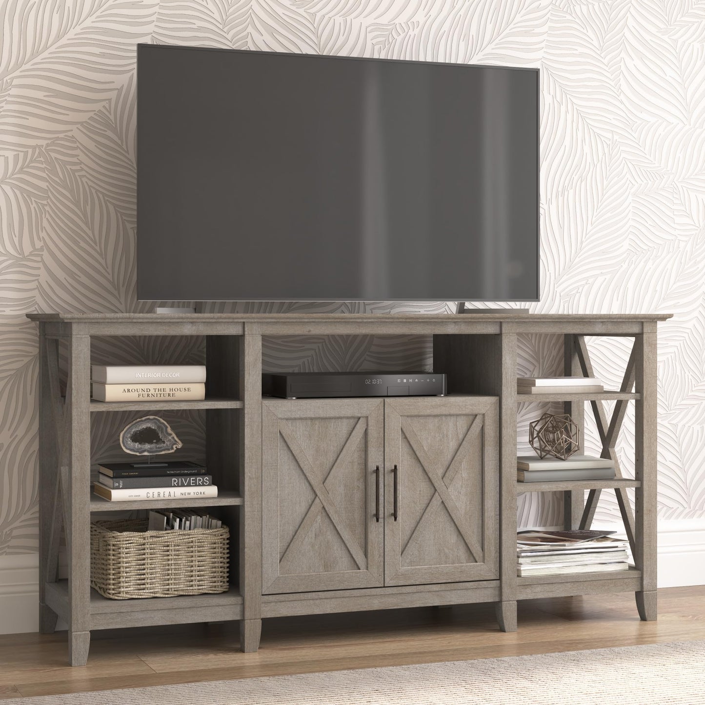 Bush Furniture Key West Tall Stand for 65 Inch TV, Farmhouse Entertainment Center with Storage, Washed Gray