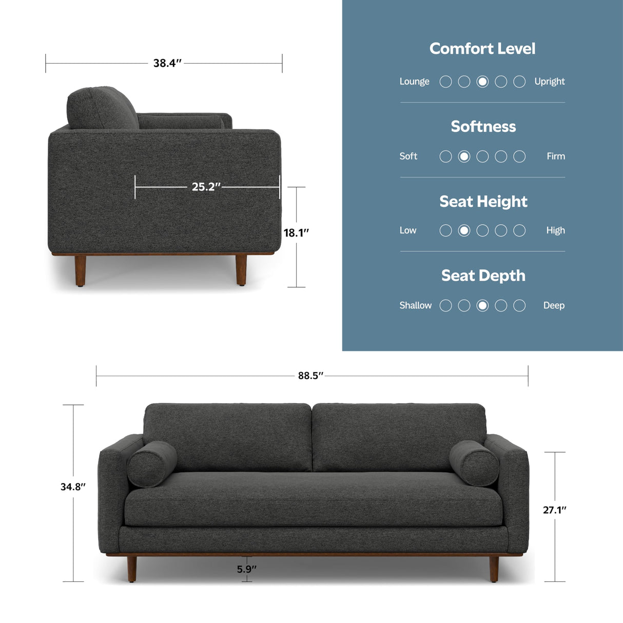 SIMPLIHOME Morrison 89-inch Wide Sofa in Charcoal Grey Woven-Blend Fabric, Handcrafted Mid-Century Modern Couch for Living Room or Family Room, Single Bench Cushion, Bolster Pillows SIMPLIHOME