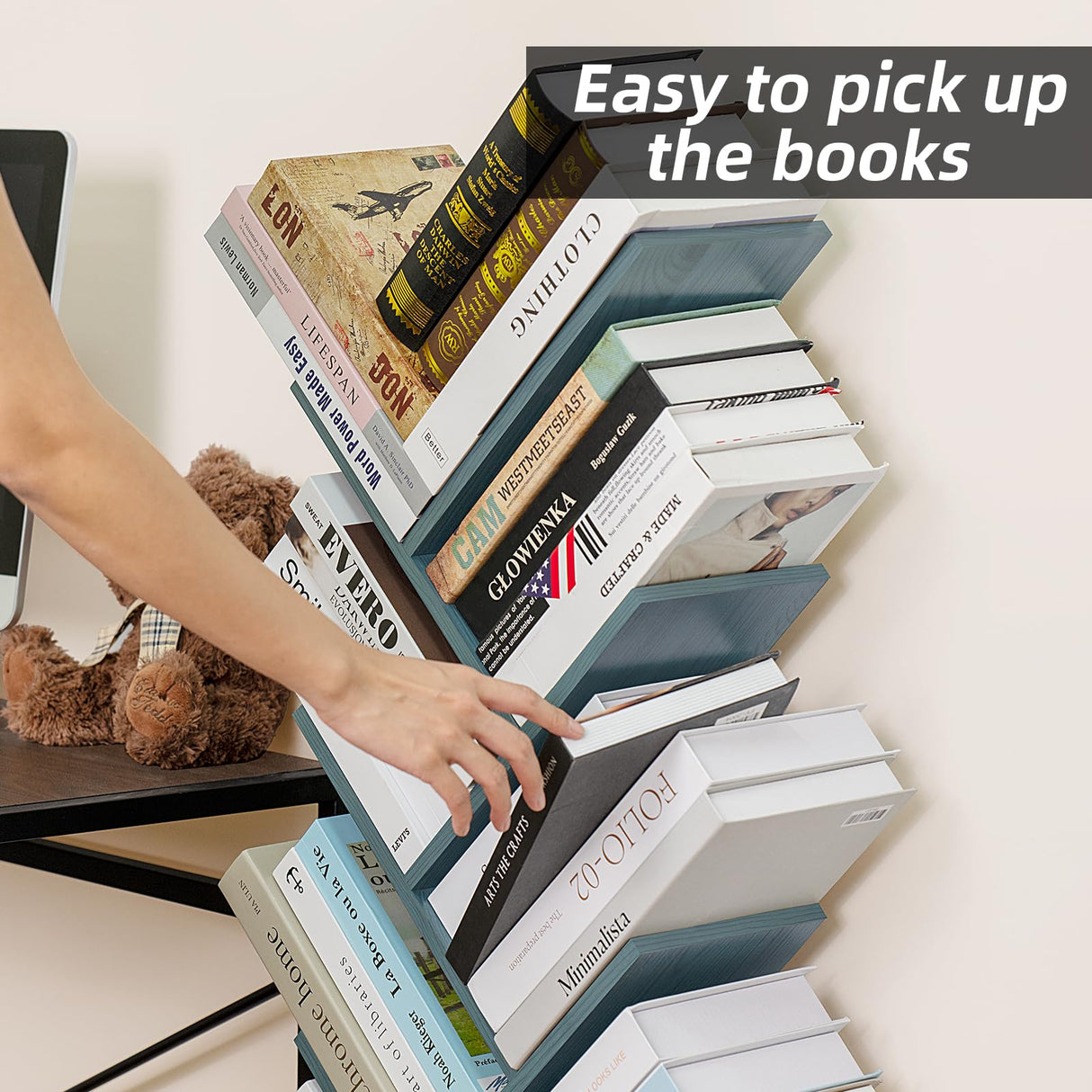 SHEEPAM 8-Tier Navy Blue Tree Bookshelf with Drawer - Stylish Storage Organizer for Small Spaces SHEEPAM