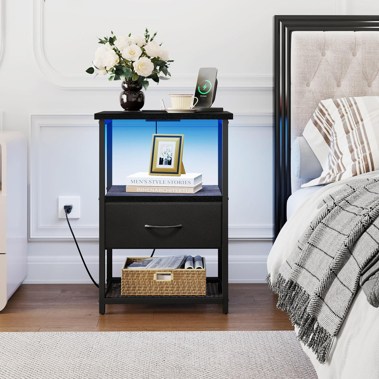 Fixwal Night Stand with Charging Station, LED Nightstand with Fabric Drawers, End Table with PU Finish, Bedside Table, Black Fixwal