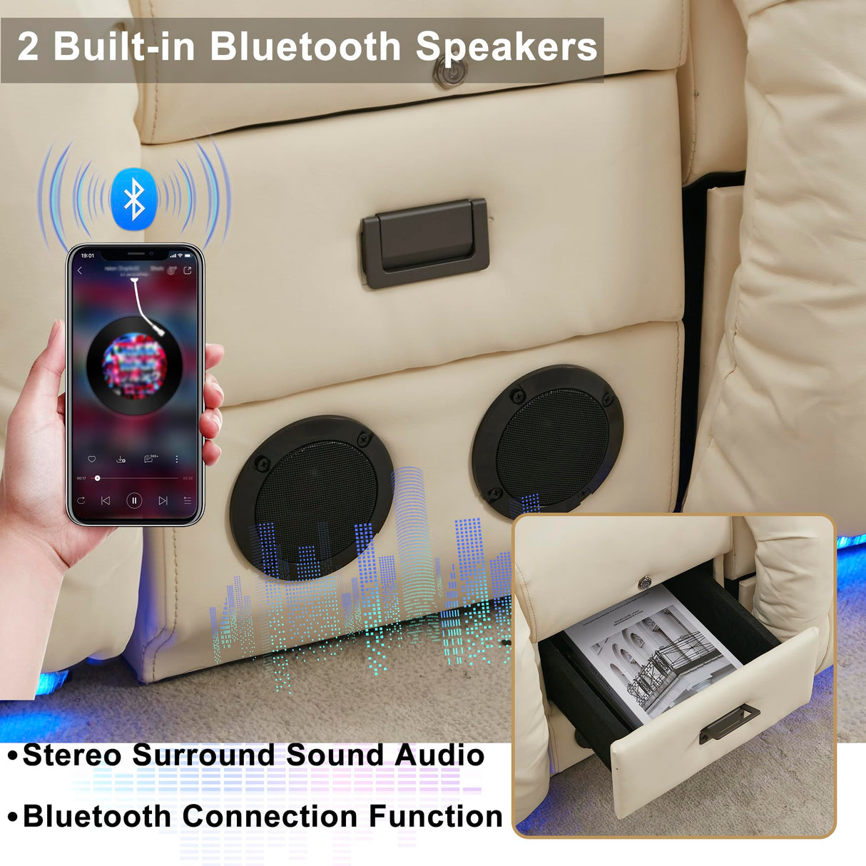 URRED Power Loveseat Recliner Sofa, RV Recliner Chair Home Theater Seating with Flipped Middle Backrest Console, LED Ambient Light, Bluetooth Speakers, USB, Built-in Outlets (Faux Leather, Beige) URRED