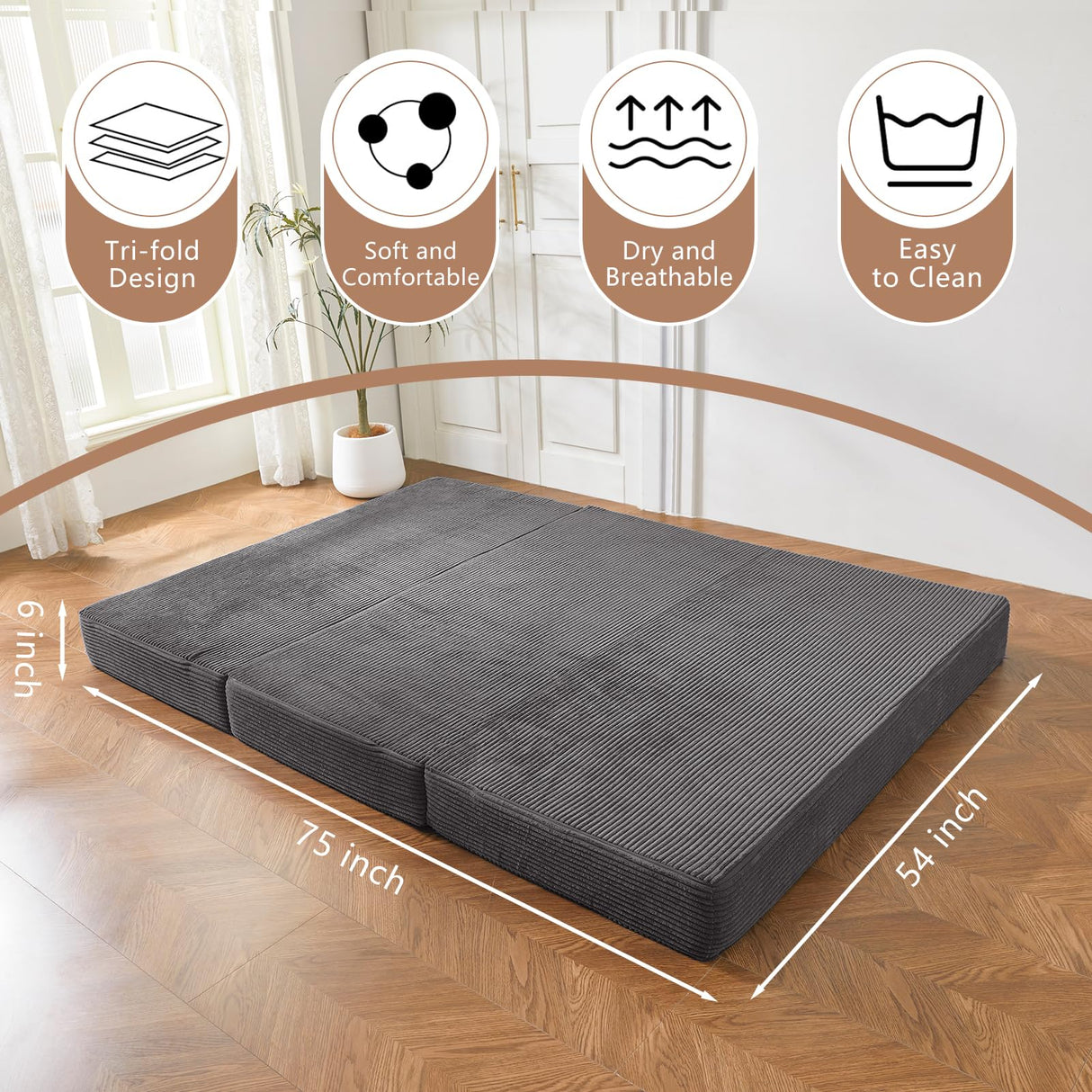 BYBYME Tri-Folding Corduroy Mattress, 6 Inch Gel Folding Mattress Topper, Foldable Soft Guest Bed Camping Pad, Washable Cover (Carbon Gray, Full) BYBYME