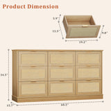 HUAHUU 9 Drawer Dresser for Bedroom, 60 Inch Long Dressers & Rattan Chest of Drawers, Large TV Stand for 55, 65, 70 Inch TV, Boho Style, Modern Dresser for, Living Room, Entryway, Bedroom, Natural Oak HUAHUU