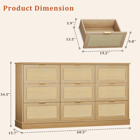 HUAHUU 9 Drawer Dresser for Bedroom, 60 Inch Long Dressers & Rattan Chest of Drawers, Large TV Stand for 55, 65, 70 Inch TV, Boho Style, Modern Dresser for, Living Room, Entryway, Bedroom, Natural Oak HUAHUU