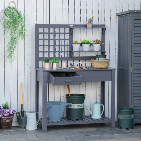 Outsunny Potting Bench Table, Garden Work Bench, Outdoor Wooden Workstation with Tiers of Shelves and Drawer for Patio, Courtyards, Balcony, Grey Outsunny