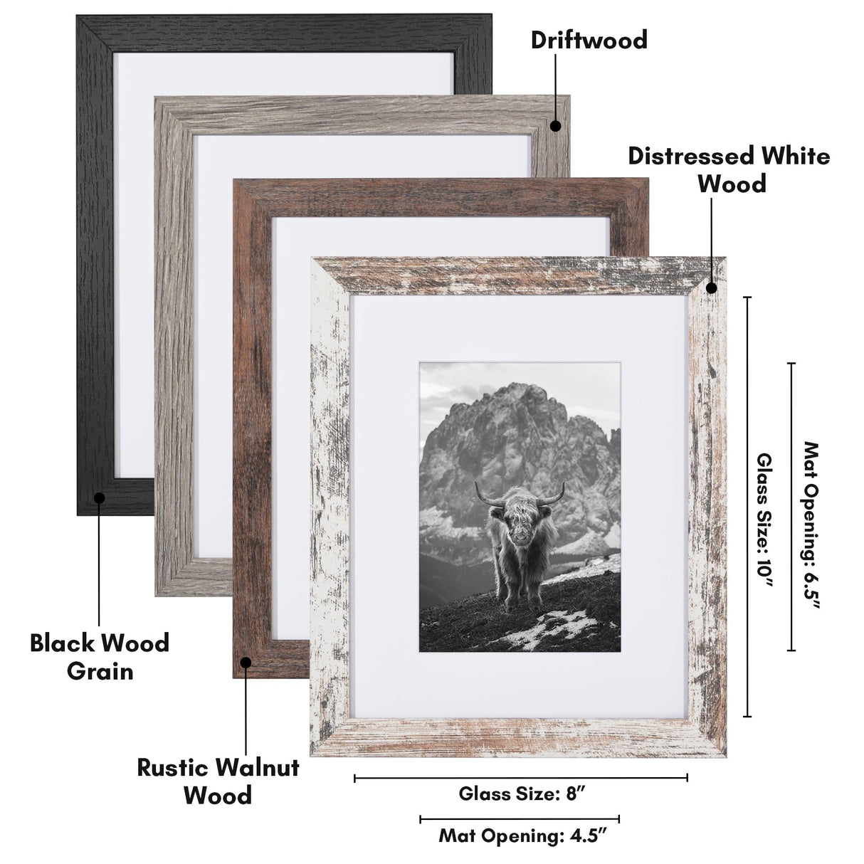 Americanflat Rustic 8x10 Picture Frame Set of 4 - Use as 5x7 Picture Frame with Mat or 8x10 Frame Without Mat - Photo Frame with Textured Engineered Wood, Shatter Resistant Glass, and Easel Americanflat