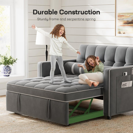Marsail 3-in-1 Convertible Futon Sofa Bed with USB Charging Port & Adjustable Backrest, Velvet Loveseat with Side Pockets, Pull Out Sleeper Couch Suitable for Small Spaces, Grey Marsail