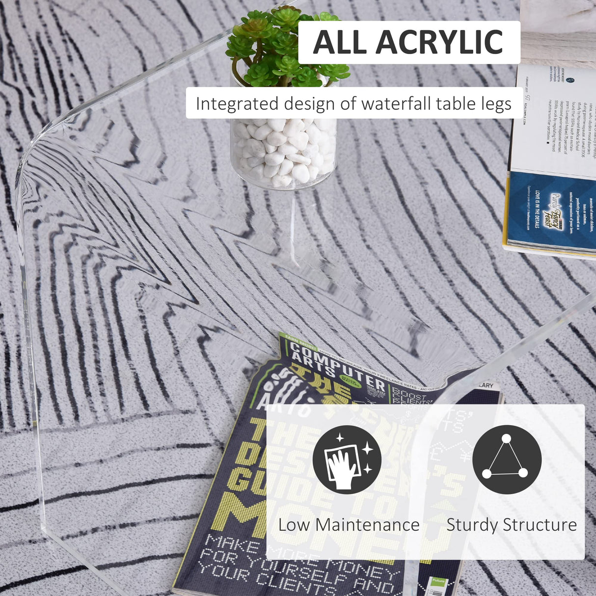 HOMCOM 32" Long Rectangle All Acrylic 15mm Thick Waterfall Coffee Table, Clear HOMCOM