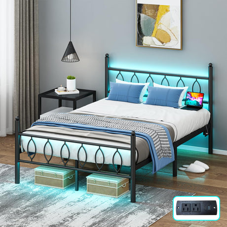 Samurbex Full Size Bed Frame with Headboard,Black Metal Platform Bed Frame Full Size with Charging Station & LED Lights,12-Inch Under Bed Storage,No Box Spring Needed,Noise Free,Easy to Assemble Samurbex