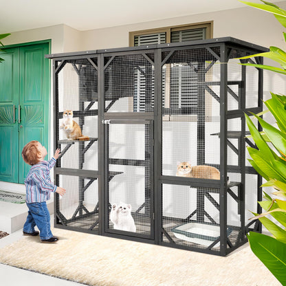 JOVNO Large Outdoor Cat House Catio Kitty Enclosure with Large Enter Door, Wooden Cat Cage Condo Indoor Playpen with 6 Platforms & Small House (Grey) - WoodArtSupply