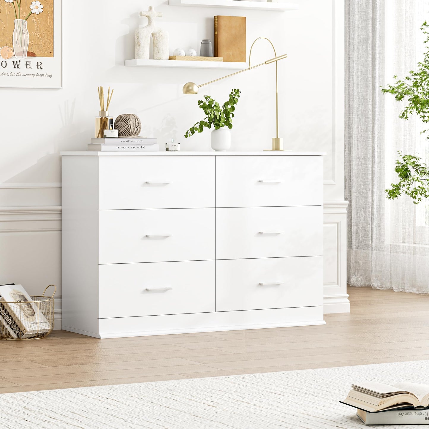 FOTOSOK White Dresser, 47.2'' Large 6 Drawer Dresser Wide Chest of Drawers for TV Stand, Modern Dresser White Floor Storage Drawer Cabinet for Home Office, White - WoodArtSupply