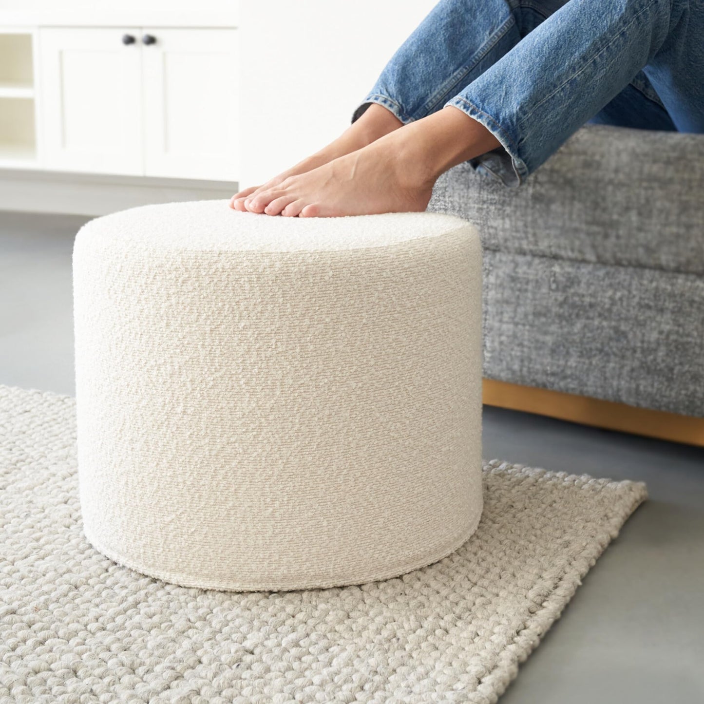 ZICOTO Beautiful Boucle Pouf Ottoman and Foot Rest - Elevate Your Living Room Decor with Lightweight Comfort and Charm - A Round Modern Foam Filled Foot Stool Perfect to Rest Your Feet