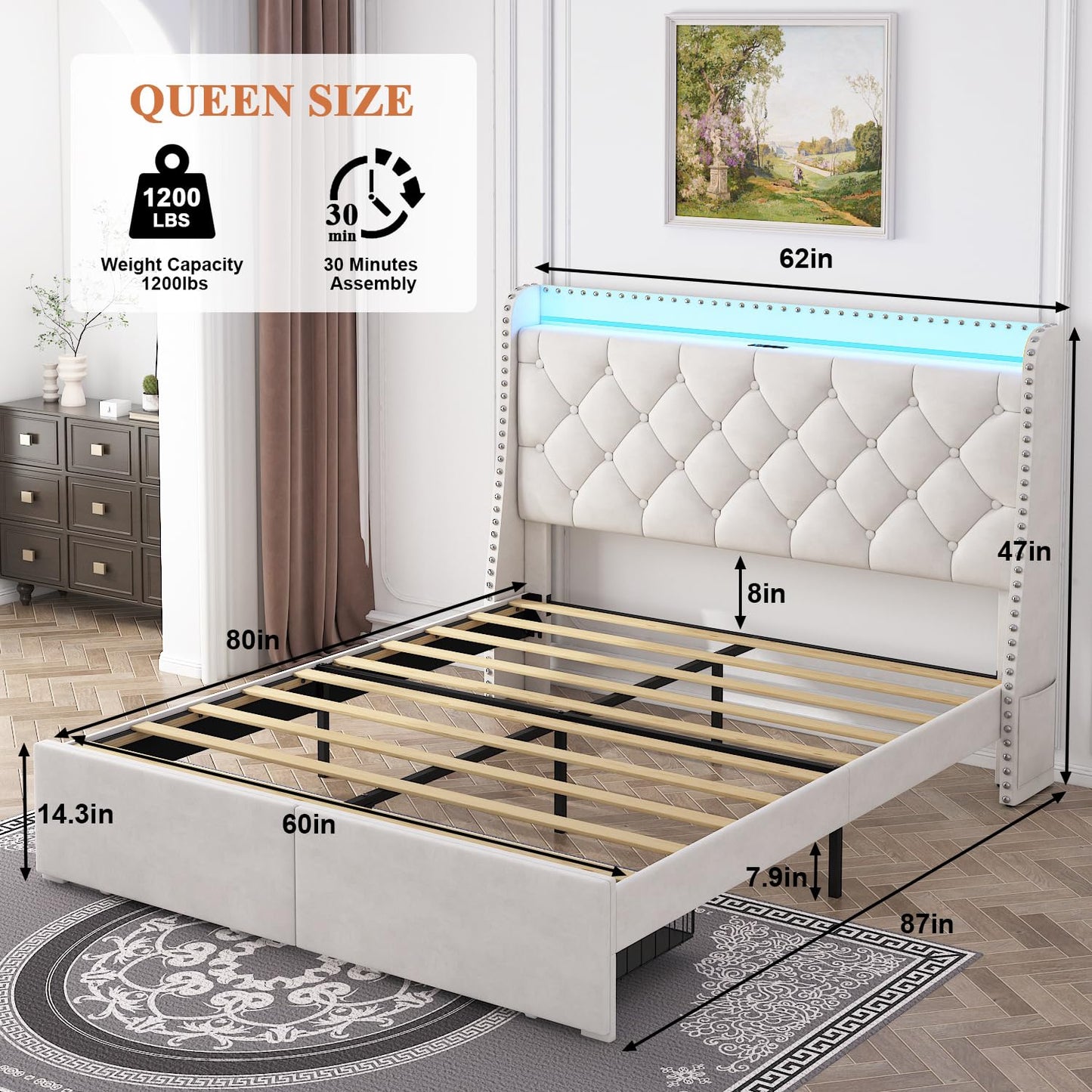 TIGUBFRE Queen Size Bed Frame with Storage Drawers, Upholstered Bed Frame with Wingback Diamond Tufted Headboard, LED Lights, Wood Slats Support, Easy Assembly, No Box Spring Needed, Beige