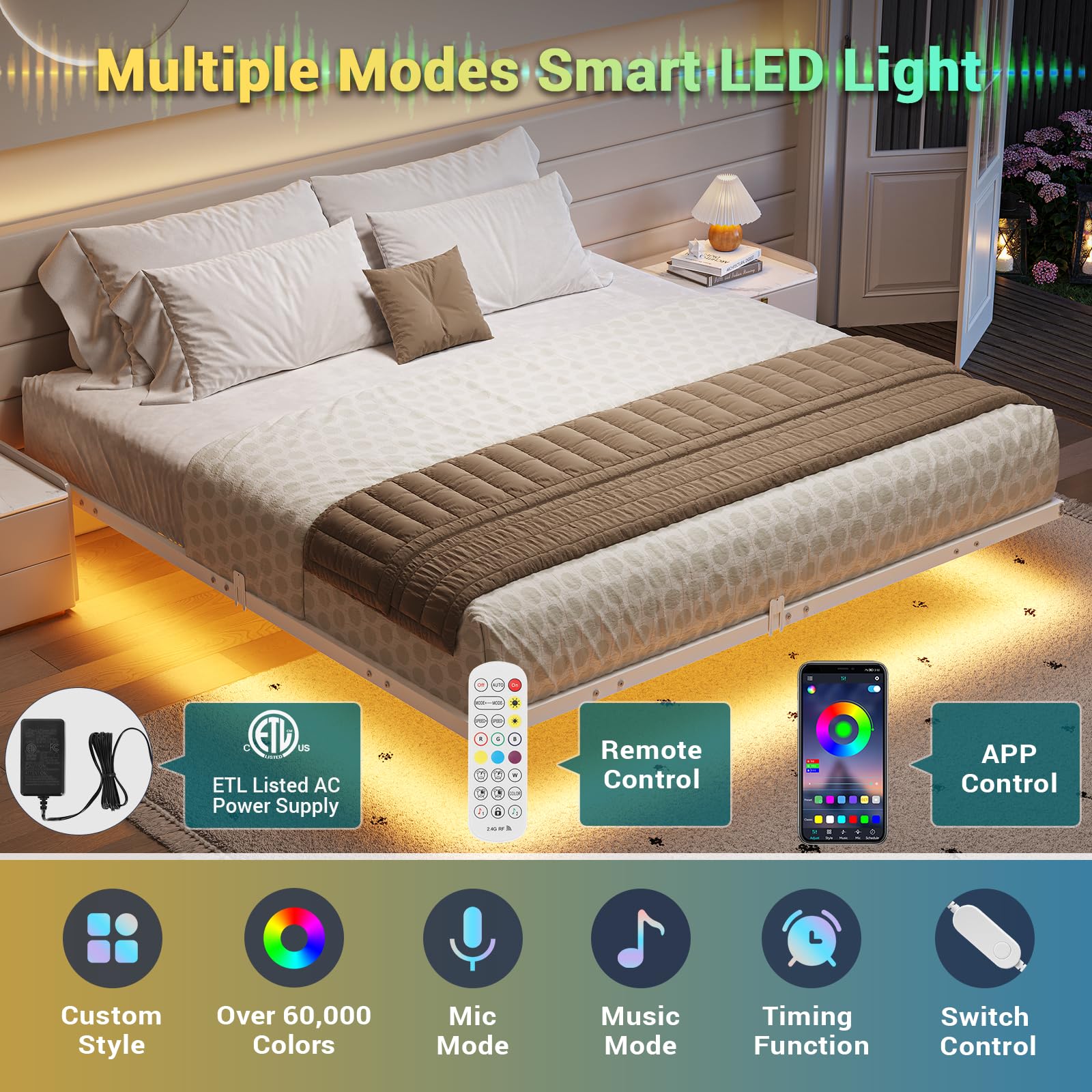 Hasuit King Size Floating Bed Frame with LED Lights - Metal Platform, Easy Assembly, No Box Spring Needed - WoodArtSupply