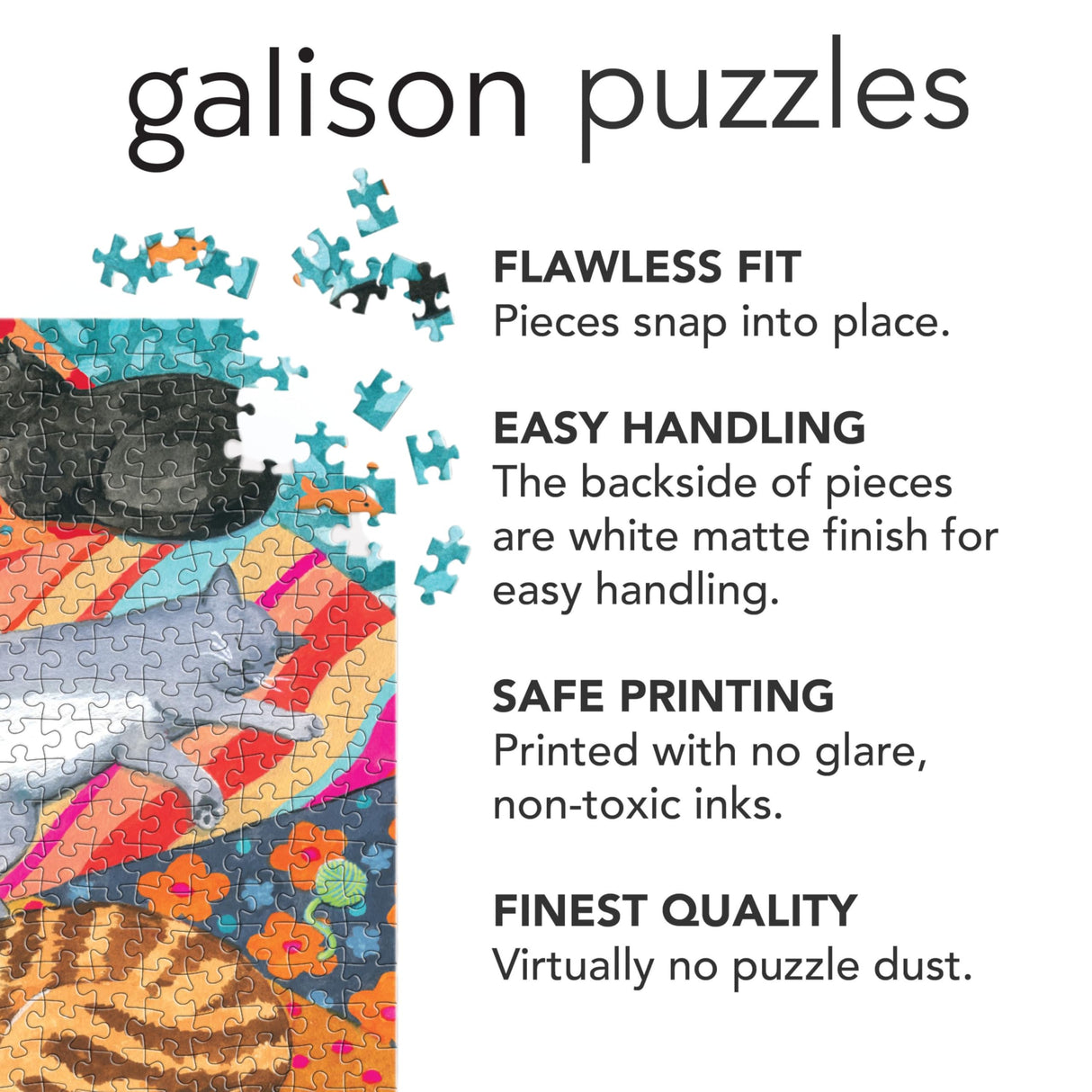 Galison Lounging Cats – 1000 Piece Jigsaw Puzzle Featuring Beautiful Artwork of A Variety of Feline Friends Lounging On Colorful Quilts Galison
