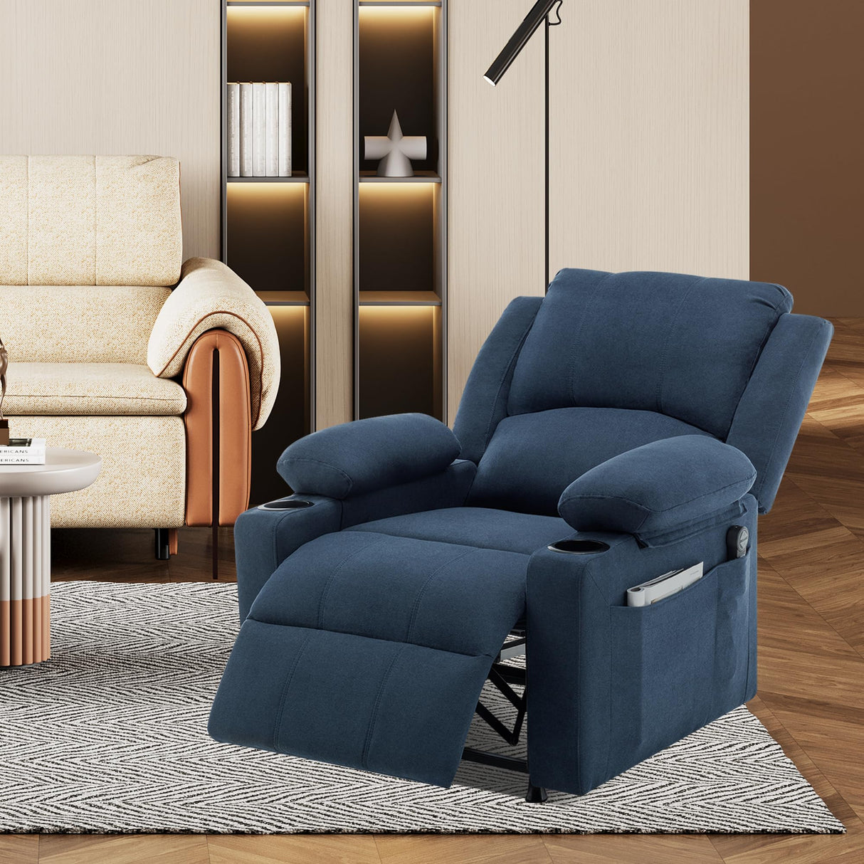 Power Recliner Chair Nursery Reclining Sofa Chair for Adults, Upholstered Heating Point Massage Theater Seating Single Sofa with Side Pockets Sidetable for Living Room-Blue Alunaune