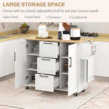 HOMCOM Kitchen Island with Storage, Rolling Kitchen Cart on Wheels with Drop Leaf Top, 3 Drawers, 2 Cabinets, 2 Adjustable Shelves, Spice Rack and Towel Rack, White