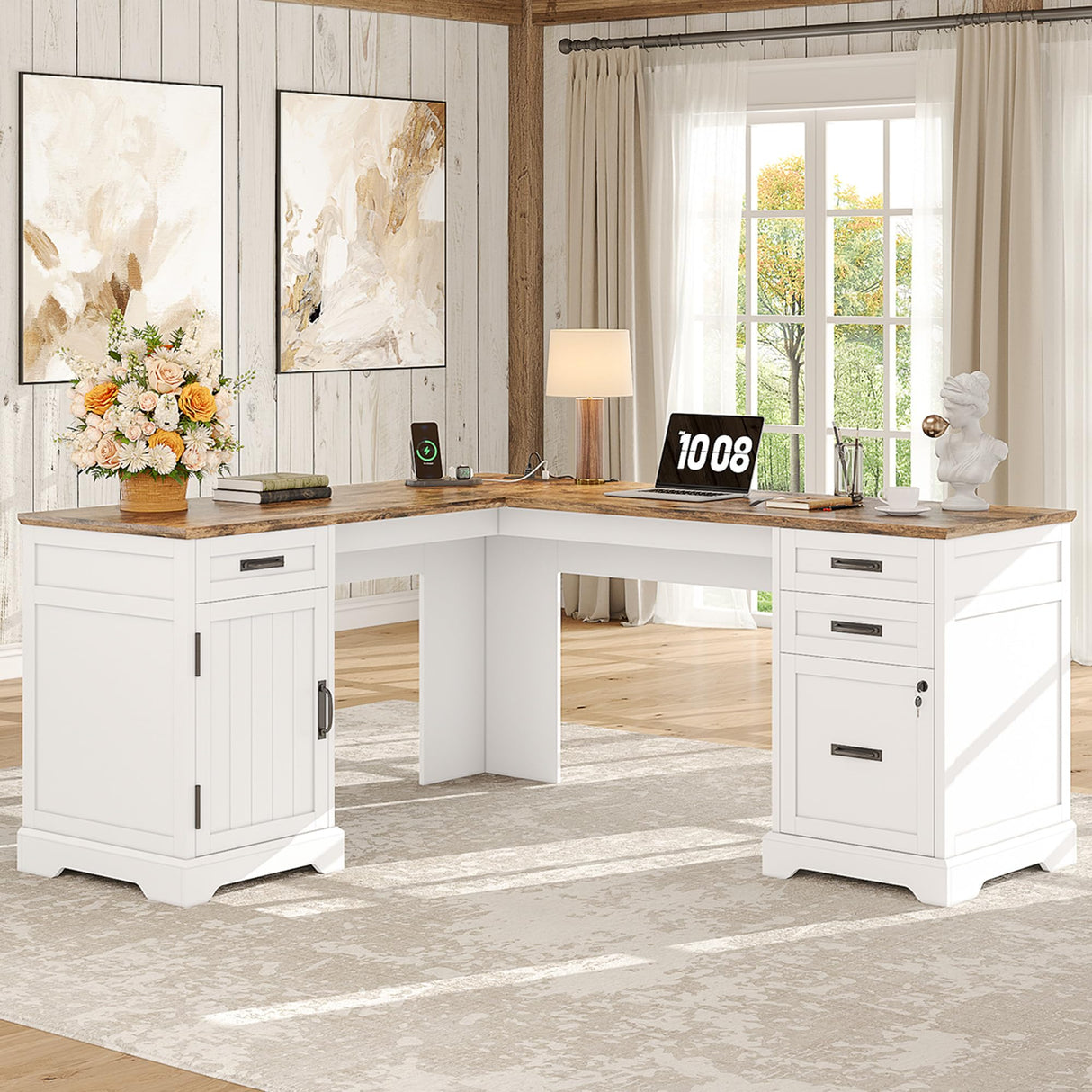 Whalefall Farmhouse L Shaped Desk with Drawers, 67 Inch Executive Home Office Desk with File Cabinet, Computer Corner Desk with Charging Station, White Whalefall