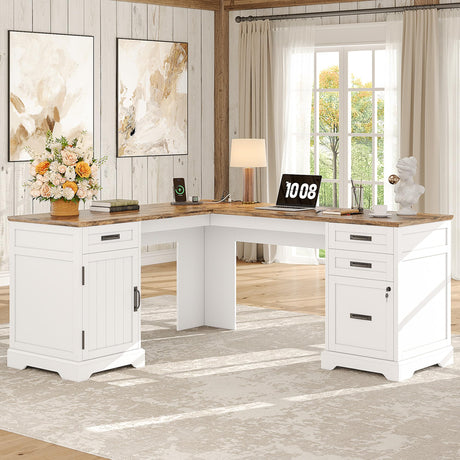 Whalefall Farmhouse L Shaped Desk with Drawers, 67 Inch Executive Home Office Desk with File Cabinet, Computer Corner Desk with Charging Station, White Whalefall