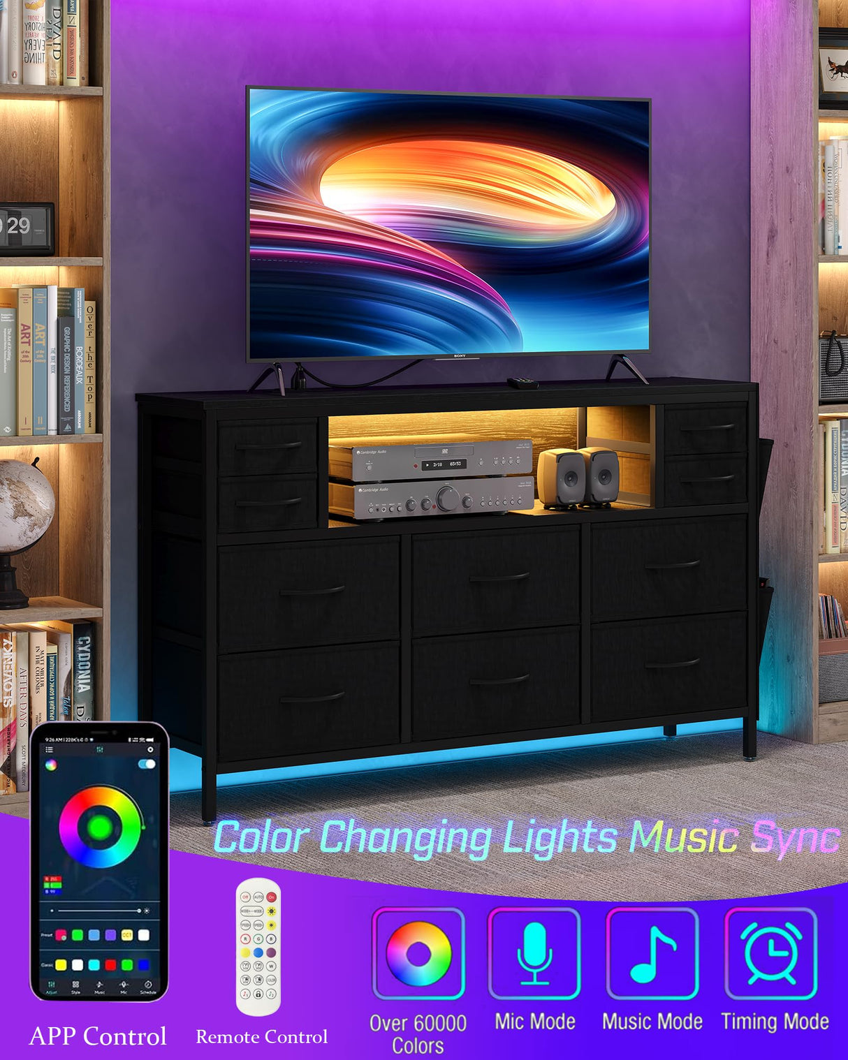 CollaredEagle 10-Drawer Dresser with Charging Station, Storage Drawers with LED, TV Stand for up to 55inch TV, Fabric Chest of Drawers for Closet, Living Room,Entryway, Bedroom, Black CollaredEagle