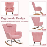 VECELO Rocking Chair Nursery with Thick Headrest, Modern Teddy Upholstered Reading Glider Rocker Accent Armchair with High Backrest, Padded Seat, Side Pocket, for LivingRoom, Baby Room, Soft Pink VECELO