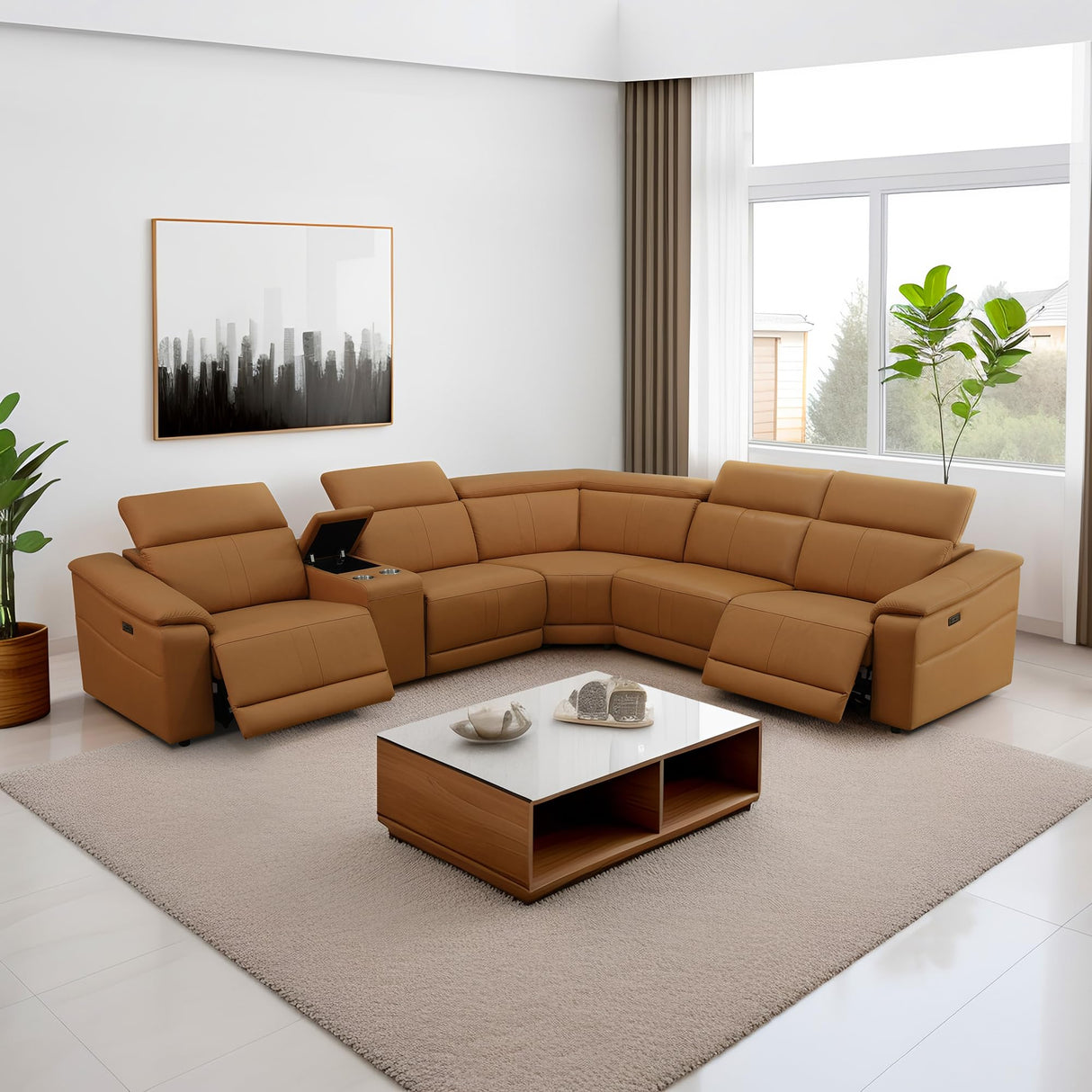 GEBADOL Power Recliner Sectional Sofa, L-Shaped Living Room Furniture Set, Light Brown Leather Sofa, Reclining Sectional Couch with Storage Console/Cup Holder for Living Room/House/Apt GEBADOL