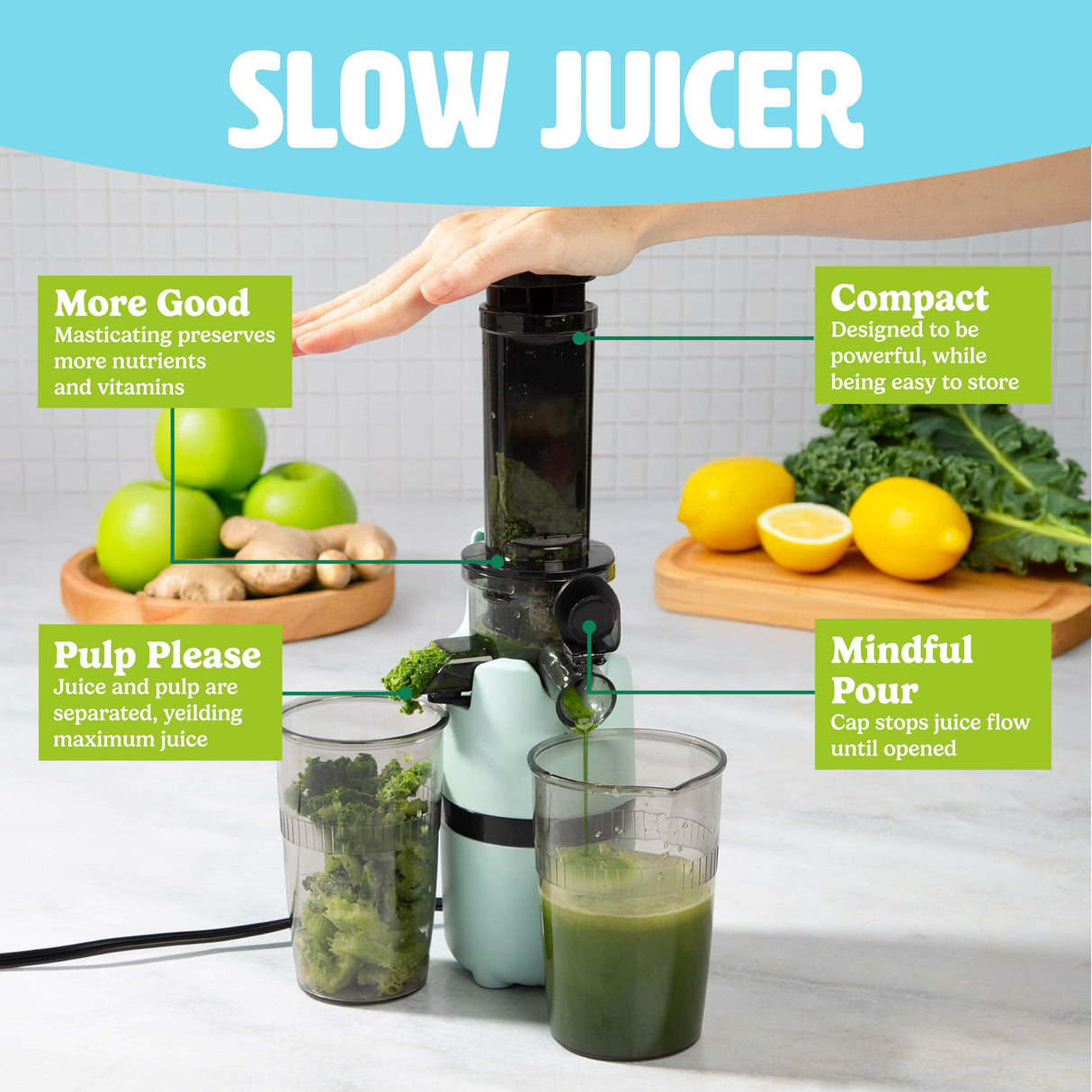 Tasty Slow Juicer, Compact Masticating Juicer with Pulp Separation, Maximum Juice Yield for Fresh, Nutrient-Rich Drinks, Easy Clean-Up & Compact Design, Aqua Tasty