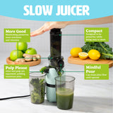 Tasty Slow Juicer, Compact Masticating Juicer with Pulp Separation, Maximum Juice Yield for Fresh, Nutrient-Rich Drinks, Easy Clean-Up & Compact Design, Aqua Tasty