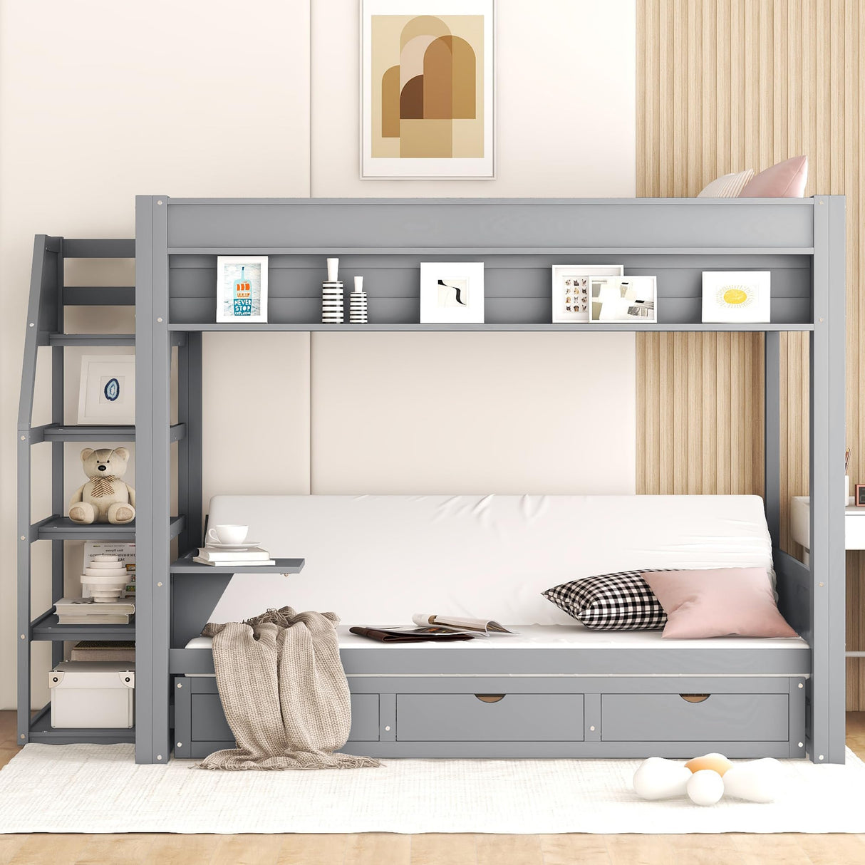 Harper & Bright Designs Full Over Full/Futon Bunk Beds with Stairs and 3 Drawers, Built-in Shelf, Bottom Bed can be Converted into Daybed, Solid Wood Bunk Bed Frame - Gray Harper & Bright Designs