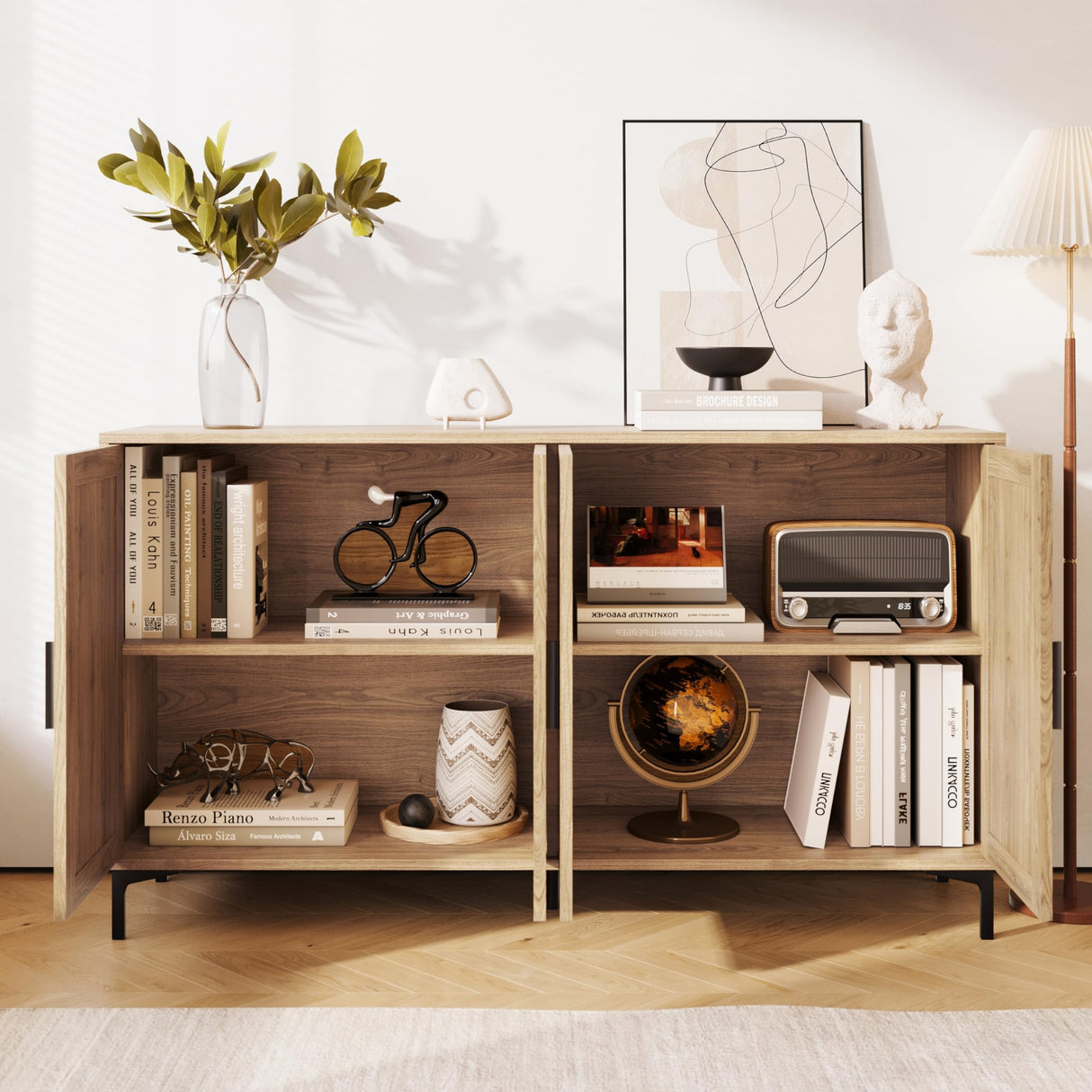 Sideboard - Kitchen Buffet Cabinet with Rattan Decorated Doors, 4 Doors Accent Sideboard Cabinet, Coffee Bar Cabinet Rattan Sideboard for Dining Room, Kitchen, Hallway, Cupboard Console Table,Natural JASIWAY