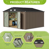 JUMMICO 10 x 10 FT Outdoor Storage Shed, Large Metal Garden Shed & Tool Sheds for Backyard Garden Patio Lawn (Brown) JUMMICO