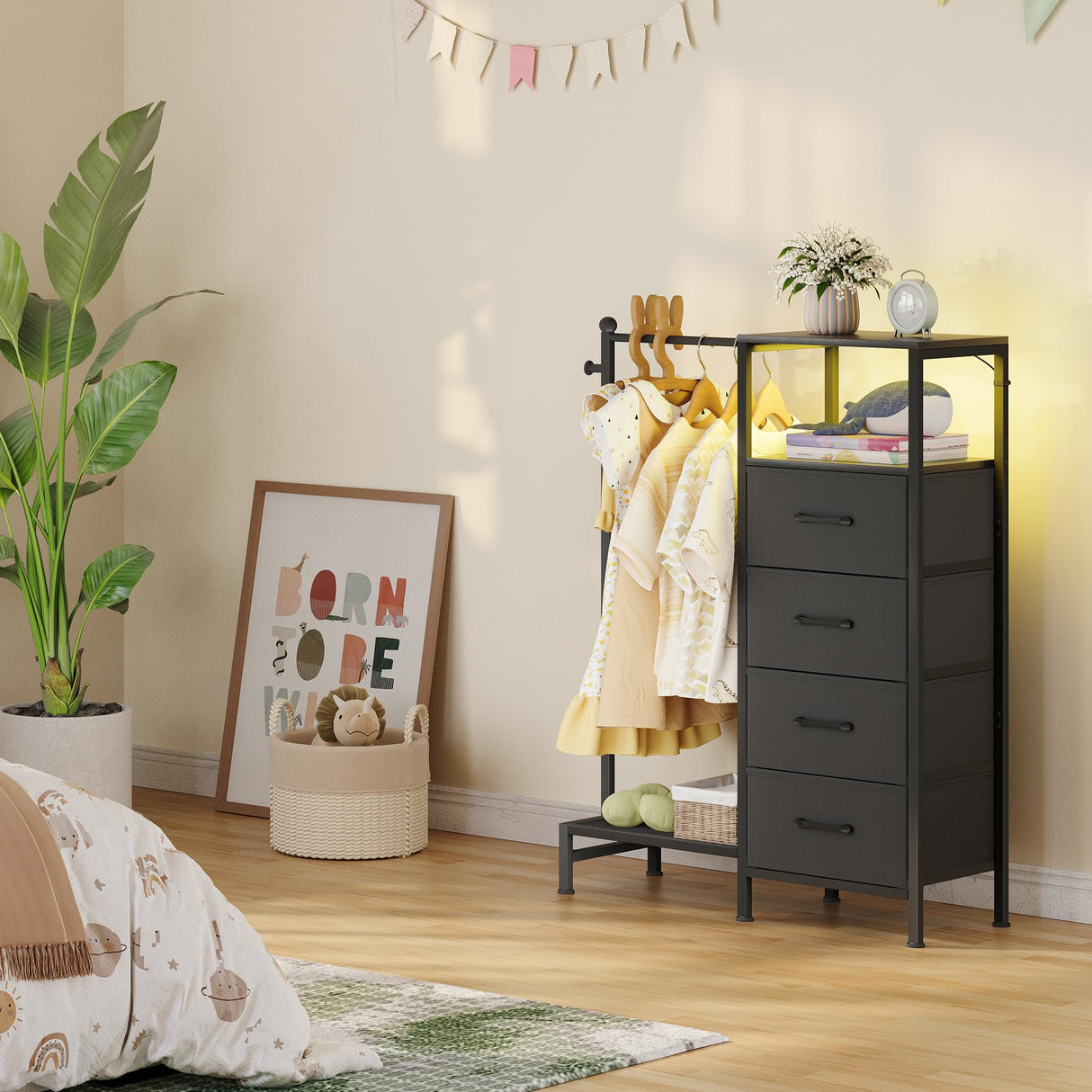 TRIFEBLE Dresser for Bedroom with Reversible Hanging Rack, 4 Drawers Dresser with LED Lights, Fabric Dressers with Open Shelf, Chest of Drawers with Clothes Rack, Kids Dressers for Bedroom, Black TRIFEBLE