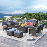 Brafab Outdoor Patio Furniture Set with 44" Gas Fire Pit Table - PE Wicker Patio Conversation Sets Cushioned Seat Couch - 9 Seats Outdoor Sectional Chair Sofa Set for Yard Garden Porch, Blue Brafab