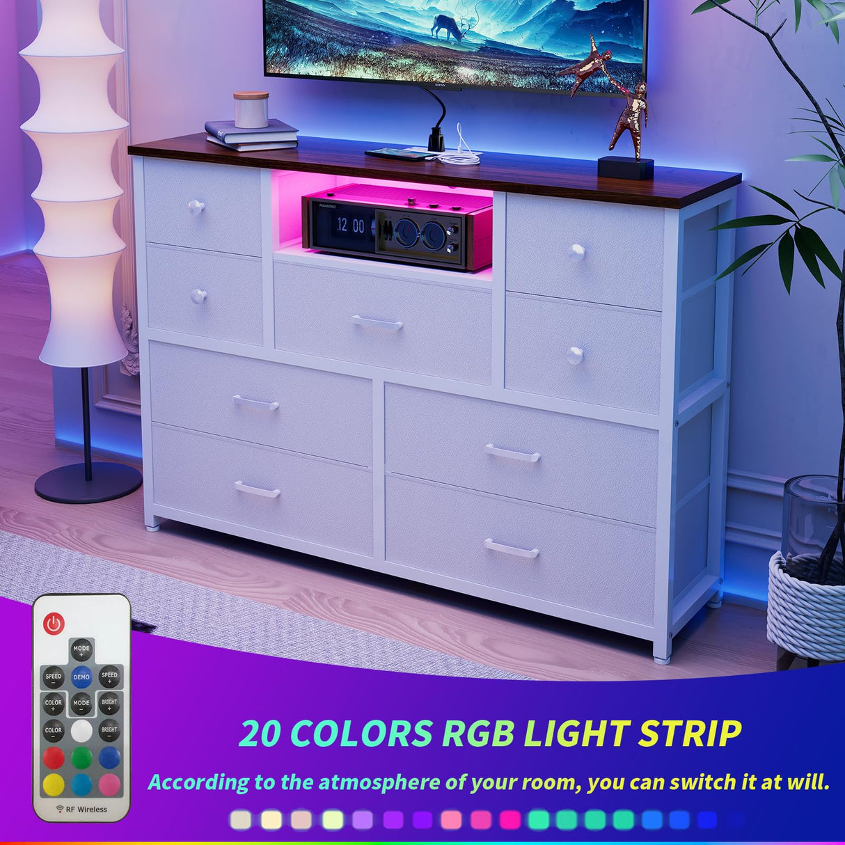 Dresser for Bedroom with 9 Drawers, White Storage Organizer TV Stand for 55" TV with LED Lights and Sockets, Fabric Chest of Drawers with PU Finish for Kid Room, Entryway, Living Room, Hallway LIWEIJIA