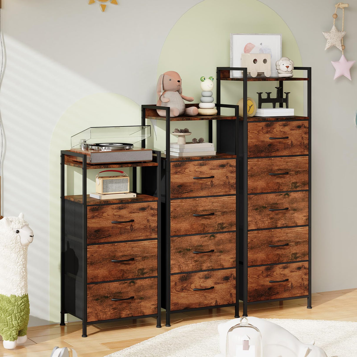 Somdot Tall Night Stand for Bedroom,Tall 5 Drawers Dresser, Vertical Storage Tower Unit, Nightstand Furniture with Fabric Drawer Organizer in Bedside Kids Room, Laundry Entryway, Wood Grain Print Somdot