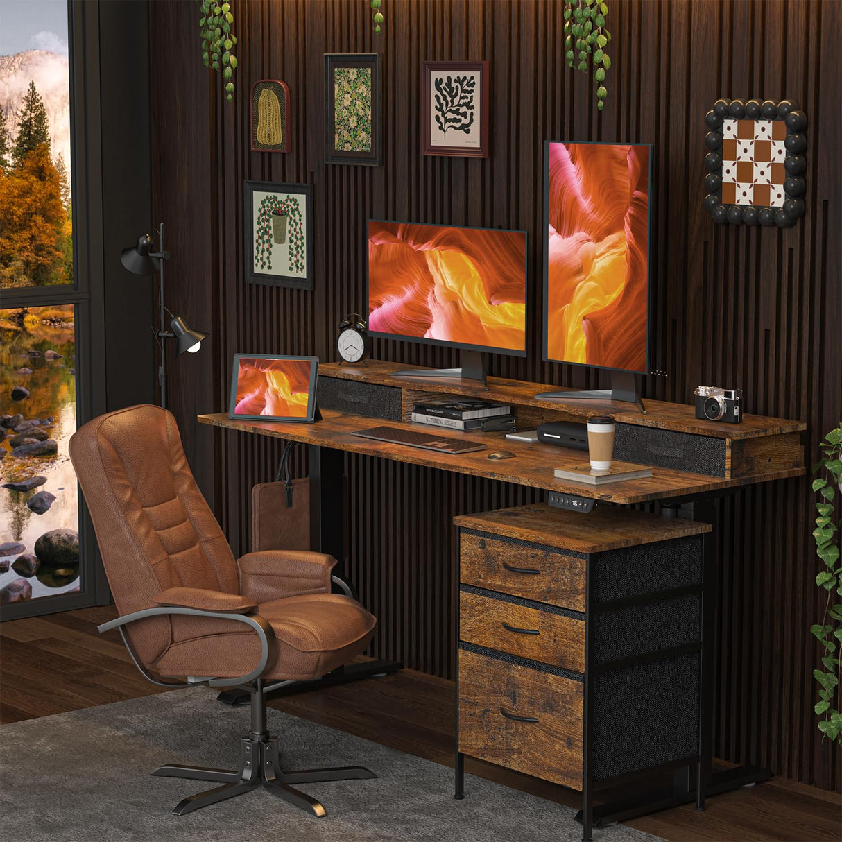 REGISDESK 63 Inch Electric Standing Desk with Cabinet & Drawers, Height Adjustable Sit Stand Desk with Monitor Shelf, Smart Home Office Standing Computer Desk, Rustic Brown REGISDESK