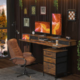 REGISDESK 63 Inch Electric Standing Desk with Cabinet & Drawers, Height Adjustable Sit Stand Desk with Monitor Shelf, Smart Home Office Standing Computer Desk, Rustic Brown REGISDESK