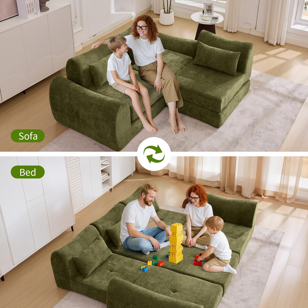 Opiesit 101.6" Modular Sectional Cloud Sofa,Floor Boneless Couch, 4-in-1 Folding Convertible Sofa Bed, Modular Cushion Couch,Suitable for Living Room,Bedroom and Recreation Room (Green) Opiesit